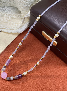 紫色水晶串珠淡水珍珠项链精致时尚简约独特设计感锁骨链配饰批发