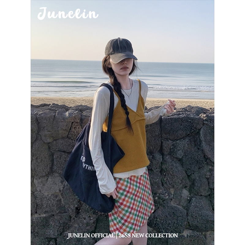 六月林 2026新款甜美少女气质叠穿时尚V领针织吊带长袖内搭两件套,淘宝优惠券,粉丝福利购,淘宝优惠卷