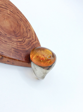 欧洲回流古董戒指天然琥珀花珀大蛋面纯银镶嵌复古男款大气欧美风