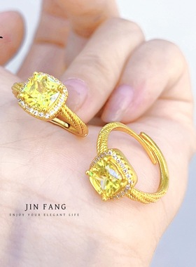 金店同款古法铜镀沙金小方糖戒指国潮风女镶钻女饰品时尚百搭