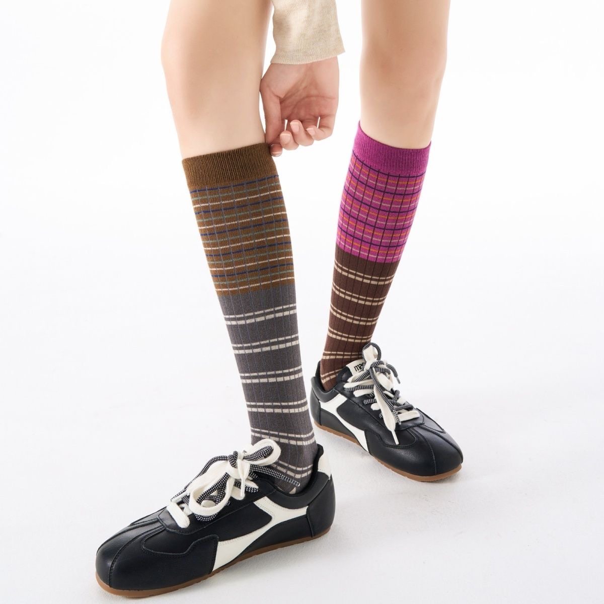 格纹小腿袜子女士时尚美腿显瘦撞色长筒袜配长靴堆堆袜早秋及膝袜,淘宝优惠券,粉丝福利购,淘宝优惠卷