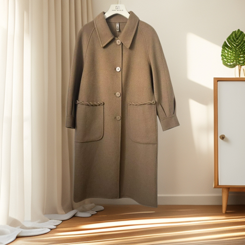 N607 秋冬款时尚高级宽松双面中长款羊毛呢大衣 - 图0