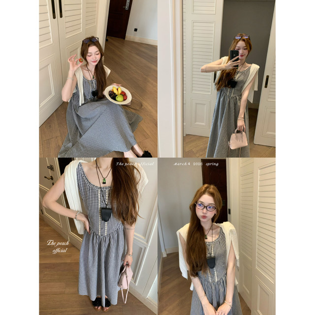 ເສື້ອຢືດແຂນບໍ່ມີແຂນສີ plaid ຝຣັ່ງຖັກໃສ່ cardigan