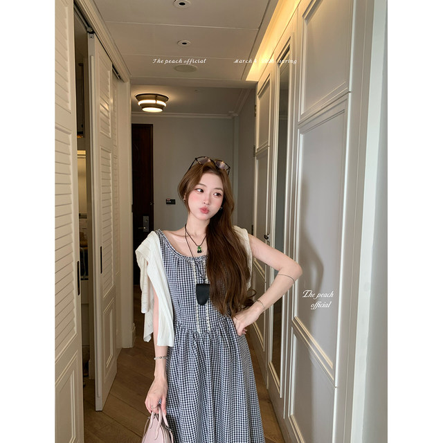ເສື້ອຢືດແຂນບໍ່ມີແຂນສີ plaid ຝຣັ່ງຖັກໃສ່ cardigan
