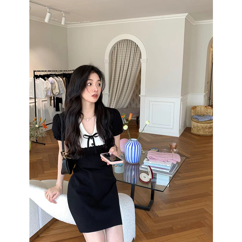 thepeachofficial名媛风气质千金感连衣女娃娃领小黑裙短袖针织裙 - 图3