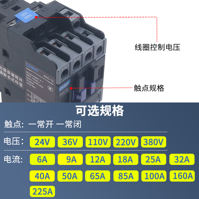 正泰12A昆仑交流接触器NXC-12 1开1闭替CJX2-1210 24伏220V 380V-图0