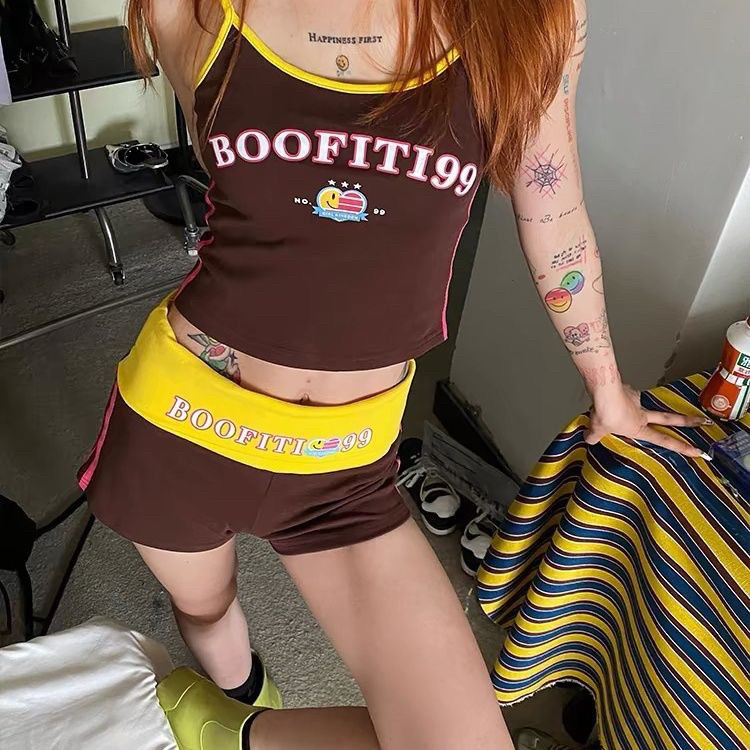 美式复古辣妹风字母印花吊带背心女夏季新款修身显瘦短款套装裤子,淘宝优惠券,粉丝福利购,淘宝优惠卷