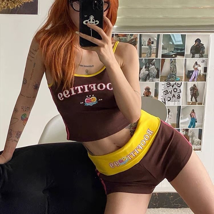 美式复古辣妹风字母印花吊带背心女夏季新款修身显瘦短款套装裤子,淘宝优惠券,粉丝福利购,淘宝优惠卷