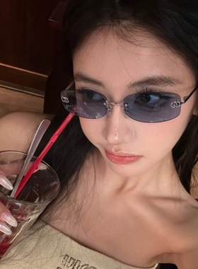 韩版蓝色椭圆形无边框椭圆太阳镜