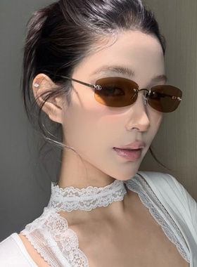 欧美老钱风无边框方形茶色太阳镜