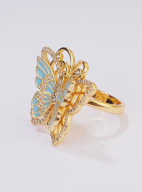 新品珐琅彩花丝蝴蝶镶钻戒指女开口可调节气质百搭指环