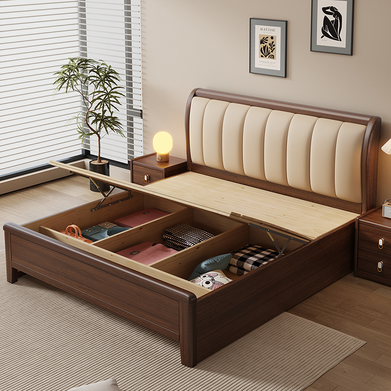 胡桃木实木床1.8米双人床现代简约1.5米家用储物床高箱收纳抽屉床 - 图1