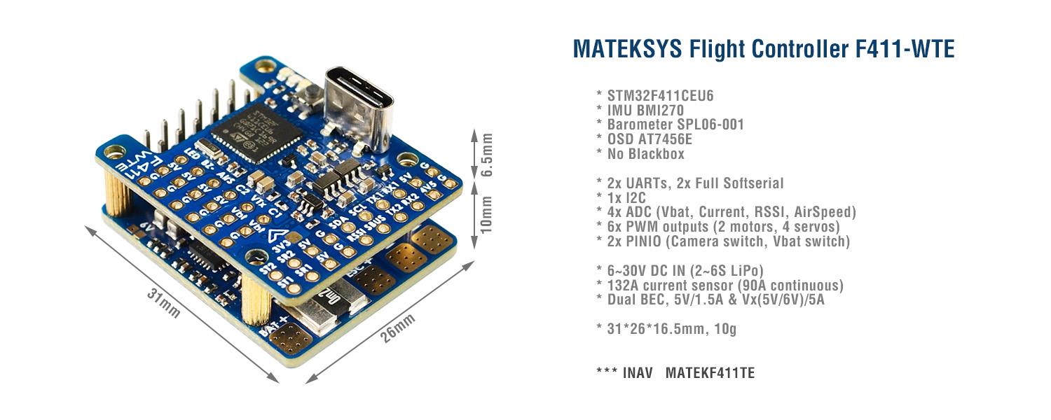 MATEK F411-WTE飞控 OSD气压计竞速飞控FPV固定翼INAV支持DJI VTX - 图0