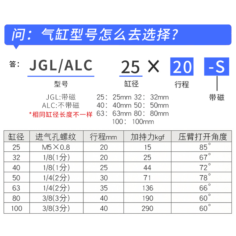 ALC杠杆气缸小型气动JGL摇臂下压夹紧机械夹具JLC25/32/40/50/63 - 图2