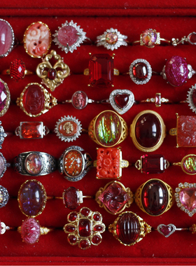 2026新年红礼物本命转运粉欧美老琉璃中古vintage活口可调节戒指