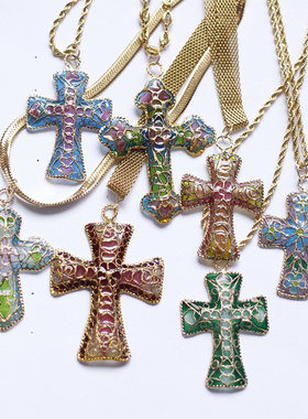 意大利欧美进口彩色珐琅中古董天然珍珠吊坠vintage十字架长项链