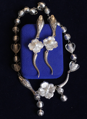 如意|原创设计欧美中古董灵蛇十字架老琉璃耳环耳夹项链vintage