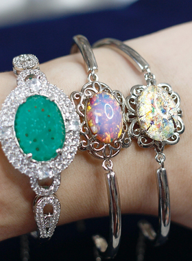 如意原创设计欧美进口中古董Vintage仿欧泊老琉璃铜镀银手镯手链