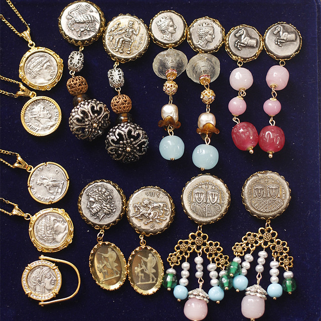 Greek coin engraving VTG earrings necklace ring