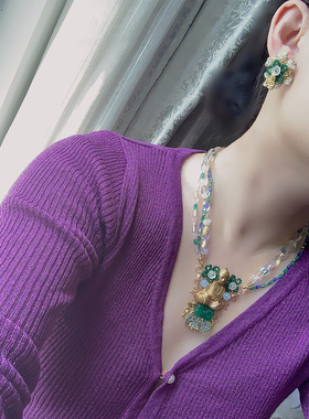 西德中古琉璃串珠粉耳环耳夹项链