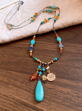 天然石串珠绿松石四芒星项链