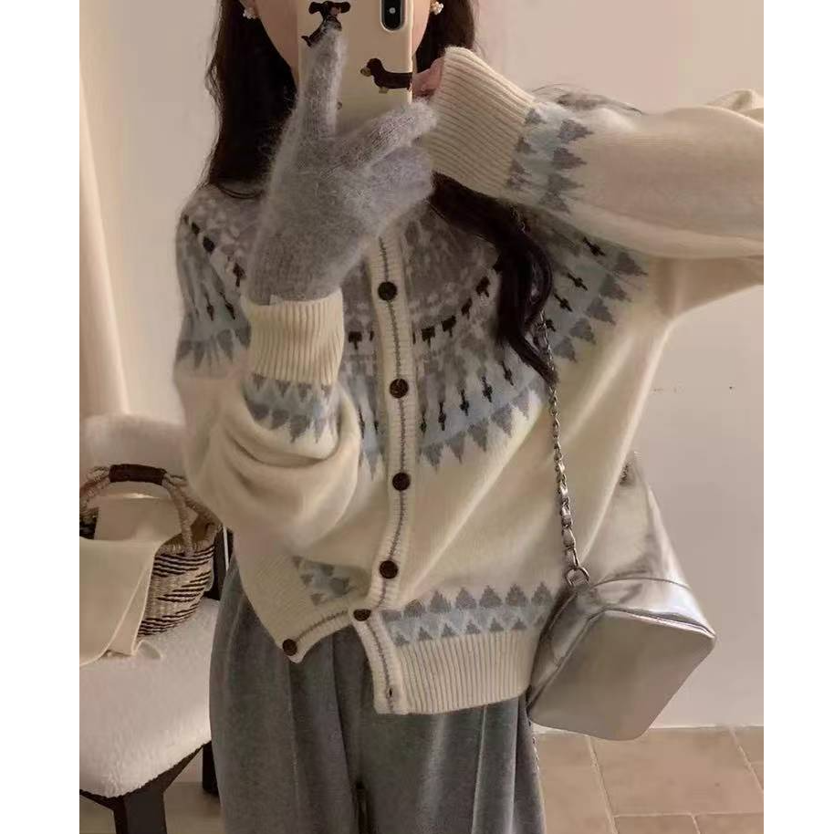 【复古费尔岛】春季新款费尔岛波浪撞色提花针织开衫上衣1216,淘宝优惠券,粉丝福利购,淘宝优惠卷