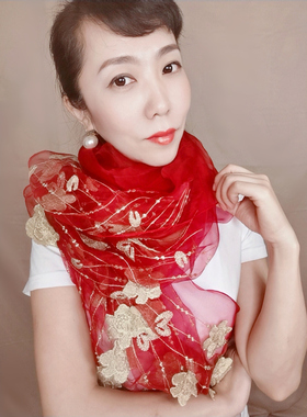 刺绣旗袍新娘红色两用真丝围巾