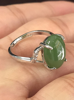 天然和田玉碧玉镶925银戒指女士新疆菠菜绿碧玉指环个性时尚戒子