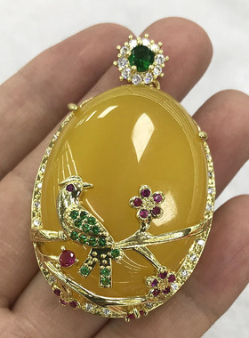 冰种黄玉髓蛋面镶嵌喜上眉梢毛衣链绿玛瑙椭圆花鸟牌子玉挂件玉佩
