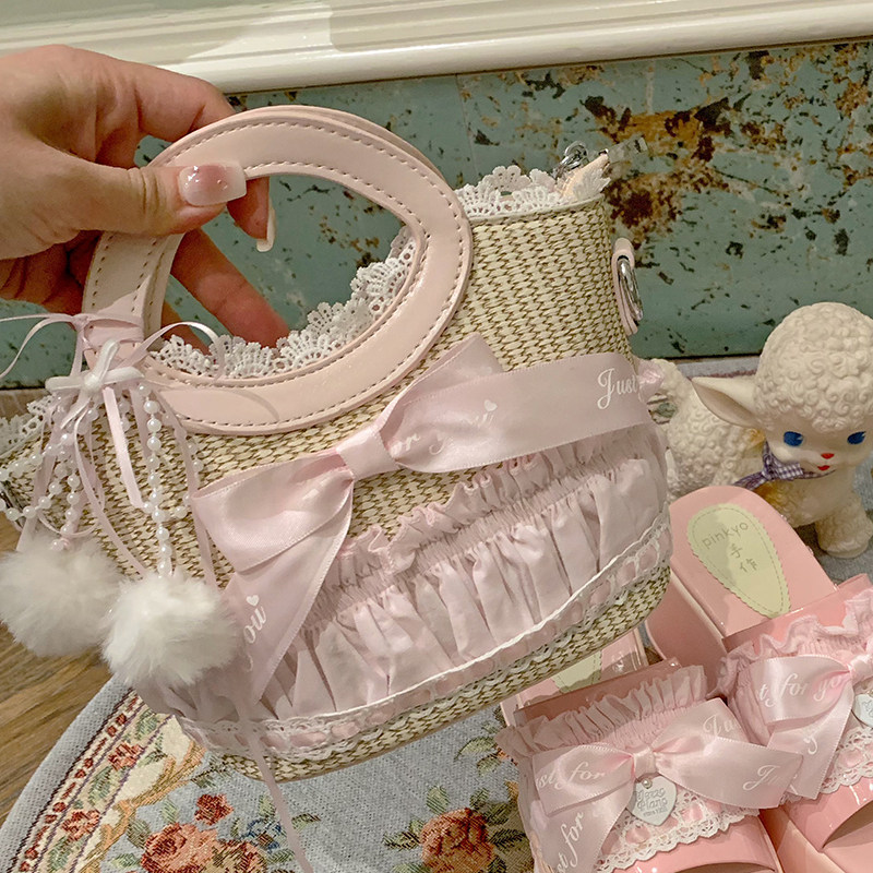 pinkyo原创可爱甜美田园风草编手提包包蝴蝶结缎带珍珠链粉色篮子,淘宝优惠券,粉丝福利购,淘宝优惠卷