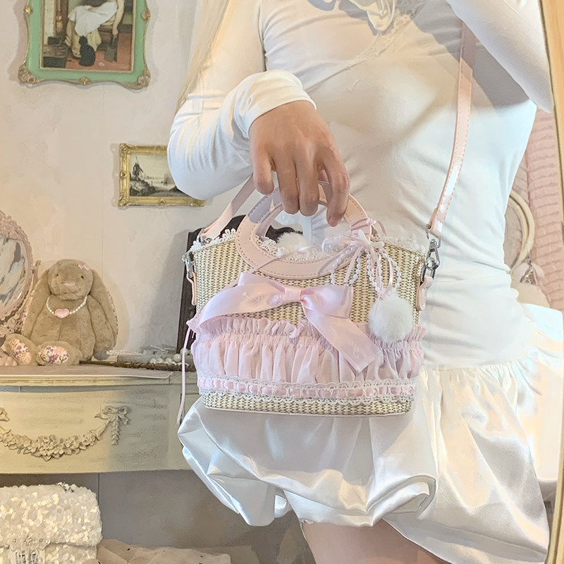 pinkyo原创可爱甜美田园风草编手提包包蝴蝶结缎带珍珠链粉色篮子,淘宝优惠券,粉丝福利购,淘宝优惠卷