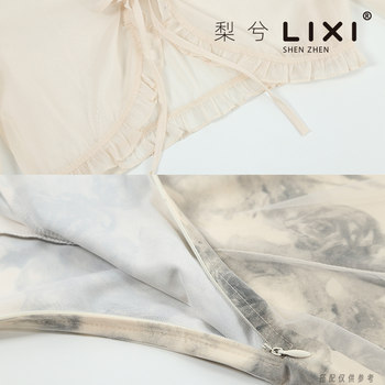 Lixi summer ເສື້ອ chiffon ແຂນຍາວ + chiffon ຕາຫນ່າງ suspender ພິມ skirt ສອງສິ້ນຊຸດກະໂປງກາງຍາວບາງໆ