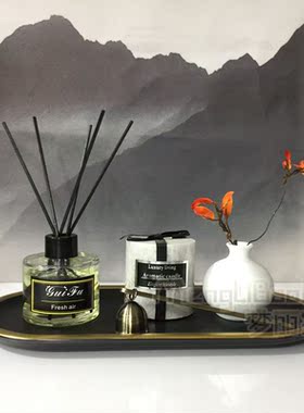 新中式浴室摆件样板房洗手间香薰黑金边托盘艺术鸟笼软装饰品组合