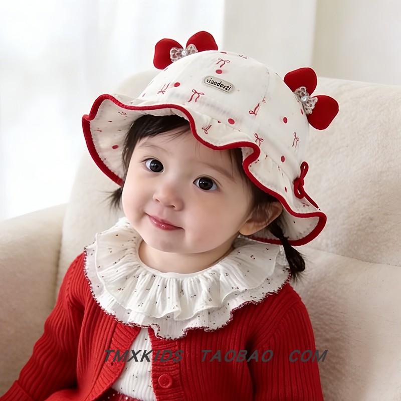 女宝宝渔夫帽春秋季新款珍珠花边婴幼儿遮阳防晒帽蝴蝶结波点盆帽,淘宝优惠券,粉丝福利购,淘宝优惠卷