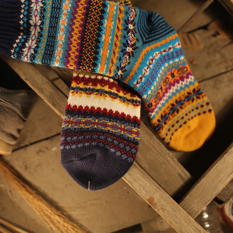 日本日系复古风粗线粗针男长袜子 原宿民族风工装咔叽中筒棉袜 - 图1
