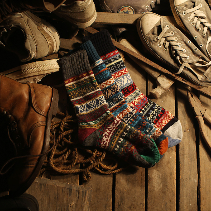 冬季新款日本日系粗线复古民族风男中筒棉袜 美式咔叽工装靴长袜 - 图0