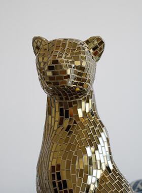 【本尼家】BJ03香槟金镜片小号豹子手工贴片装饰玄关落地摆件