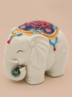 【本尼家】非遗手工石湾陶陶瓷如意小象一对客厅入户装饰玄关摆件