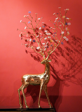 【本尼家】HY182大型铜鹿水晶花朵装饰客厅大厅创意落地艺术摆件