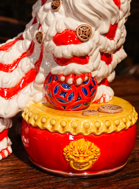 【本尼家】YJ19非遗手工彩釉交趾陶陶瓷财源滚滚醒狮一对桌面摆件