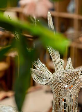 【本尼家】马赛克手工贴片银色镜片小号昂头鹿创意家居装饰摆件