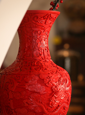 【本尼家】中国扬州漆器剔红雕漆大号花瓶家居装饰品玄关摆件