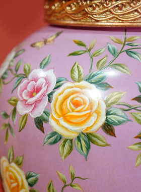 【本尼家】YS64粉红底手绘花卉漆瓷小号将军罐桌面装饰玄关摆件