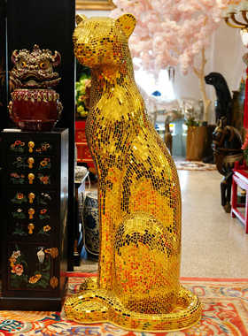 【本尼家】马赛克手工贴片装饰金色大号豹子客厅玄关落地摆件