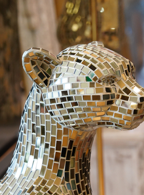 【本尼家】香槟金镜片中号豹子手工贴片户外装饰客厅玄关落地摆件