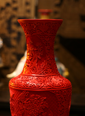 【本尼家】中国扬州漆器剔红花瓶中式家居装饰品桌面玄关摆件