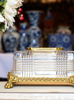 【本尼家】欧式透明水晶玻璃配铜纸巾盒奢华高档客餐厅抽纸盒摆件