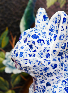 【本尼家】马赛克青花瓷手工贴片装饰家居客厅玄关小狗摆件