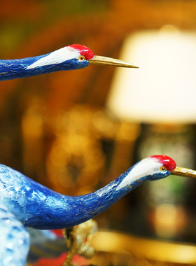 【本尼家】HX53欧式瓷镶铜装饰双飞鹤青花客厅台面玄关摆件