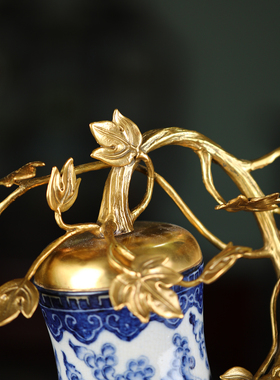 【本尼家】HX77中式青花高温瓷镶铜手绘五福大葫芦玄关摆件